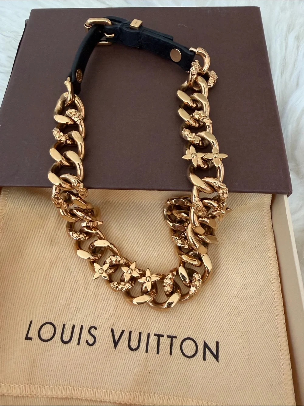 Louis Vuitton Gold Chain-Link Necklace and Bracelt with Black Leather Ends